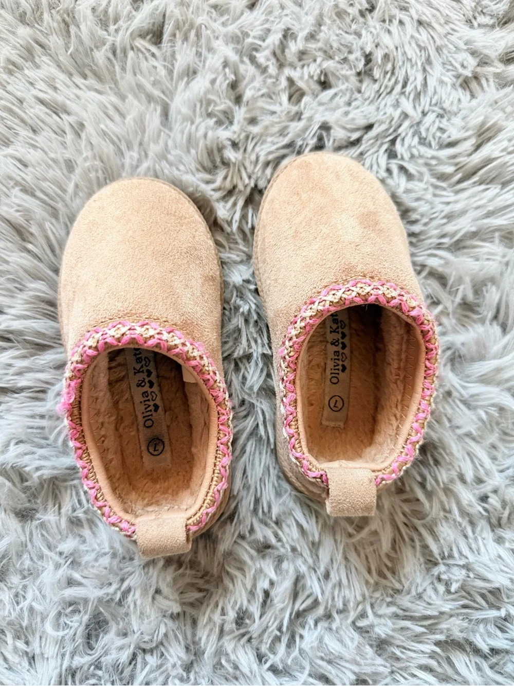 Olivia & Kate Girls' Tan Slip-On Slippers with Pink Trim